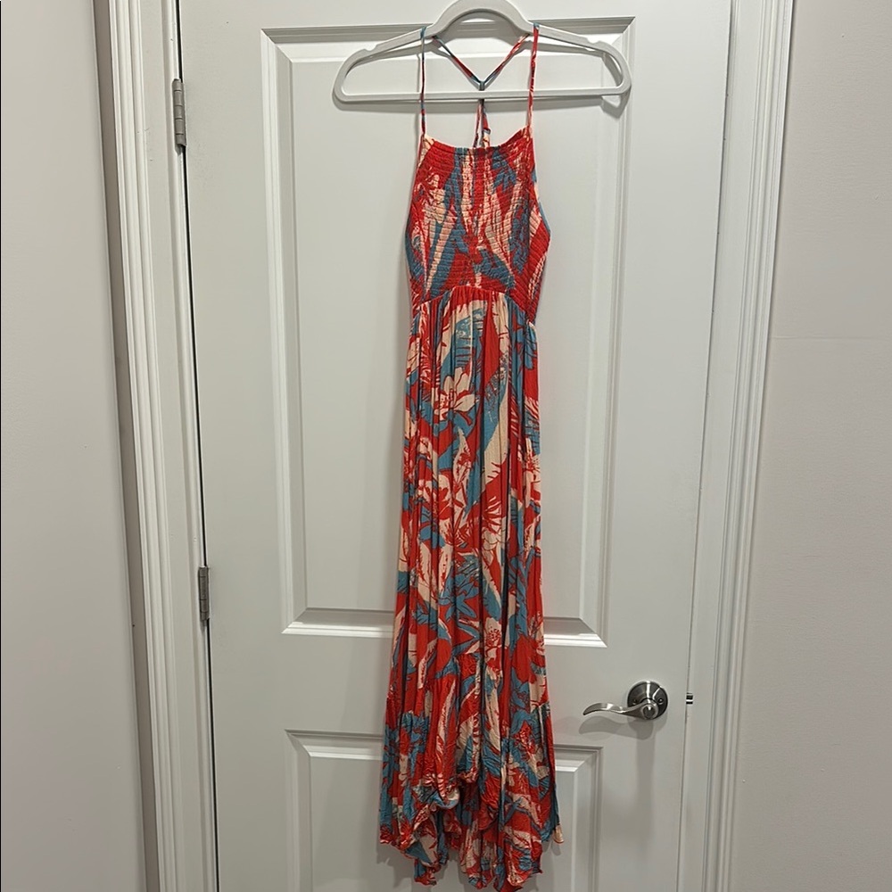 Free People Red and Blue Sleeveless Halter Maxi Dress